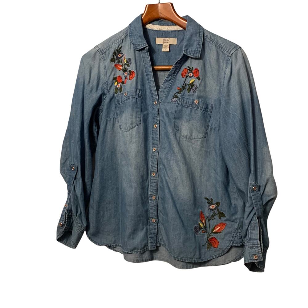 Vintage America Blues Floral Embroidered Jean Shirt sz PL